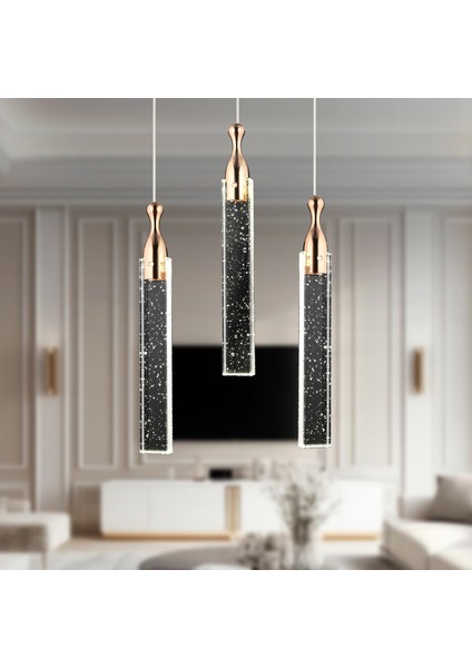 Klaus 3'lü Yuvarlak 3 Renkli 48 Watt Gold Kristal Ledli Modern Oturma Odası Salon Sarkıt Avize