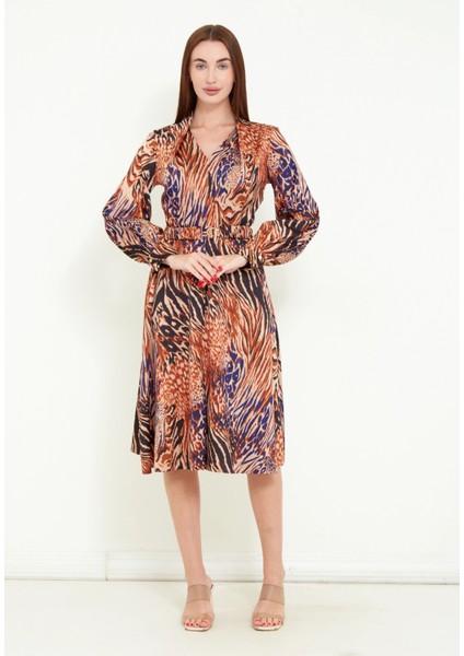 Kadın Özel Tasarım Desenli Dijital Baskılı Saten Kemerli Elbise