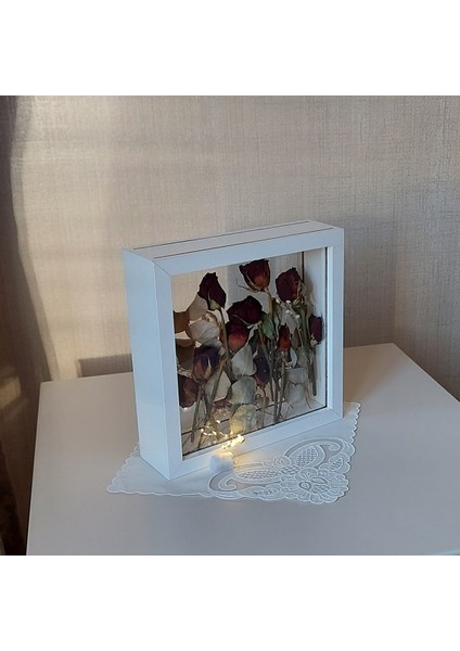 Beyaz Ledli 25X25 cm Çift Yönlü Anı Çerçevesi! Gül Kutusu Şeffaf Gül Kutusu