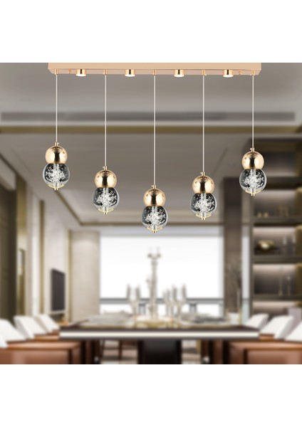 Sasha 5'li Sıralı 3 Renkli 57 Watt Gold Kristal Ledli Modern Oturma Odası Salon Sarkıt Avize