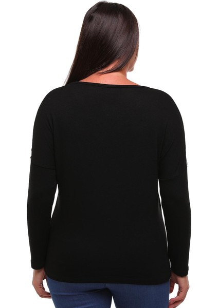 Kadın Büyük Beden Omzu Tül Önü Taş Detaylı Siyah Bluz fırsatları