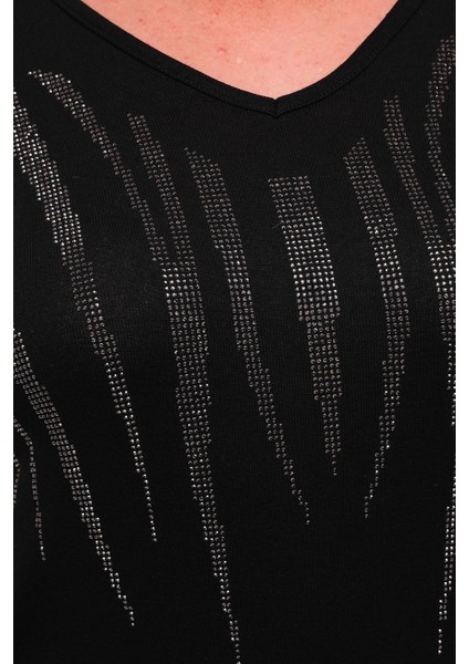 Kadın Büyük Beden Omzu Tül Önü Taş Detaylı Siyah Bluz indirimleri