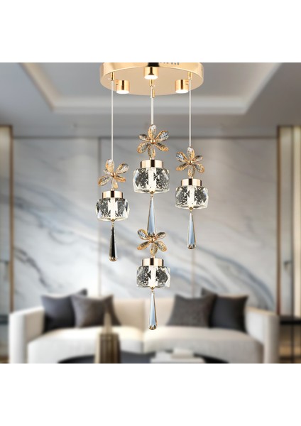 Amaris 4'lü Yuvarlak 3 Renkli 52 Watt Gold Kelebek Led Kristal Modern Oturma Odası Salon Avize