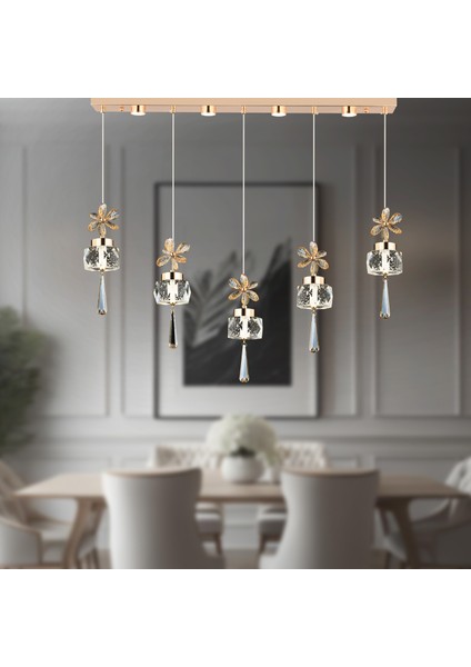 Amaris 5'li Sıralı 3 Renkli 70 Watt Gold Kelebek Led Avize Kristal Ledli Modern Oturma Odası Salon Sarkıt Avize