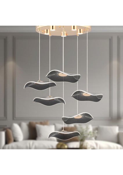 Jolie 6'lı Yuvarlak 3 Renkli 61 Watt Gold Kristal Ledli Modern Oturma Odası Salon Sarkıt Avize