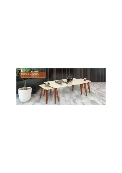 Orta Osm Servis Klasik Model Parlak Krem Ceviz Kayın Torna Retro Ayak El Yapım