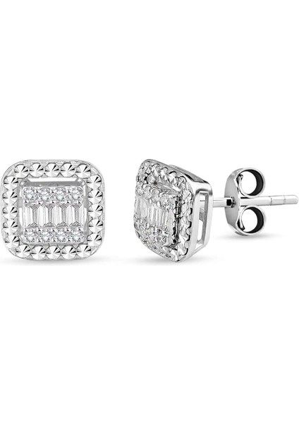 0.24 Ct Modern Tasarım Baget Kare Tektaş Küpe