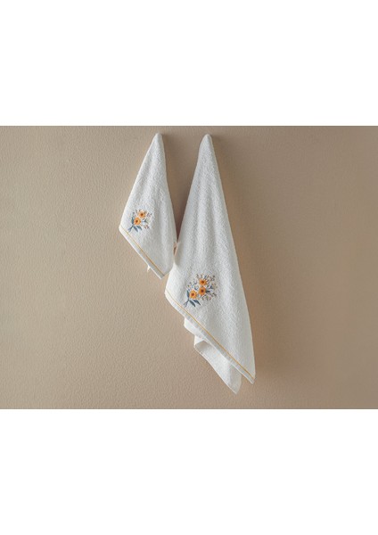 Sunflowers Pamuklu Nakışlı Yüz Havlusu Seti 50X80+30X45 cm Ekru