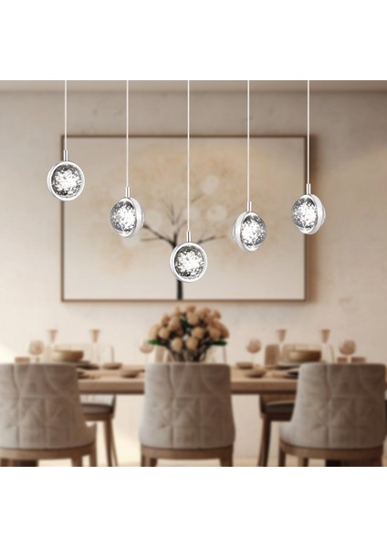 Eldon 5'li Sıralı 3 Renkli 75 Watt Krom Kristal Ledli Modern Oturma Odası Salon Sarkıt Avize