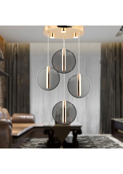 Dustin 4'lü Yuvarlak 3 Renk 52 Watt Gold Kristal Ledli Modern Oturma Odası Salon Sarkıt Avize