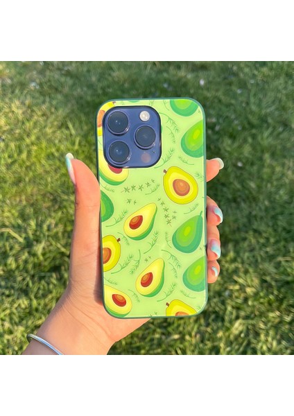 iPhone 14 Pro Max Uyumlu Avokado Desenli Arkası Cam Siyah Beyaz Silikon Telefon Kılıfı