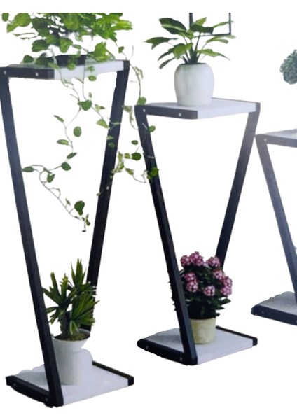 Çiçeklik Ogem Üçlü Çiçeklik Saksılık Kule Model Metal Parlak Beyaz Boya El Yapım