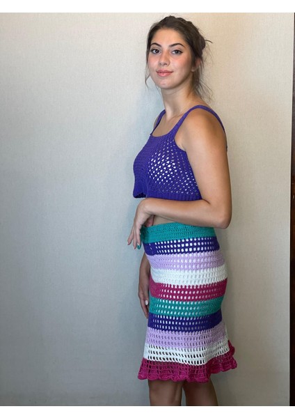 Özel Tasarım Etek Crop Takım El Örgüsü Triko Takım Kadın Giyim