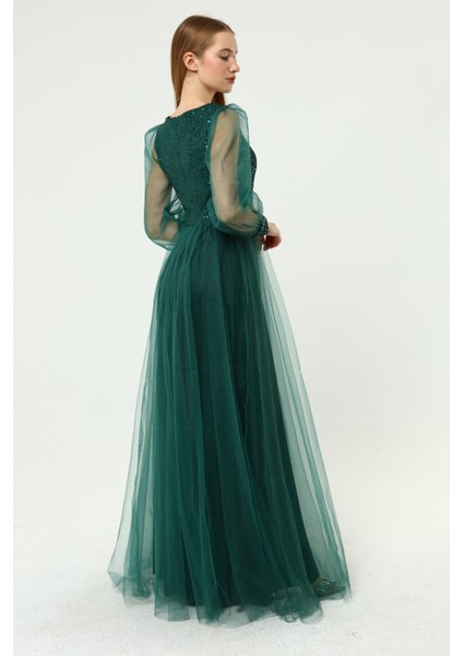 Payet Detaylı V Yaka Tül Abiye Elbise fiyatları