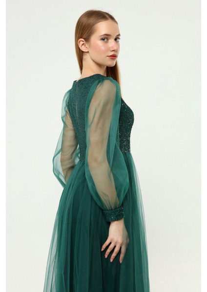 Payet Detaylı V Yaka Tül Abiye Elbise fırsatları