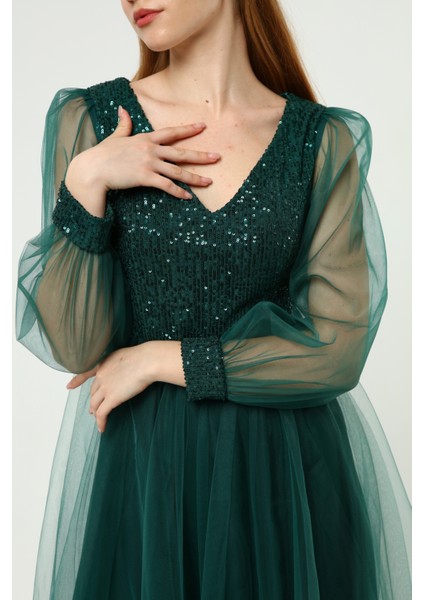 Payet Detaylı V Yaka Tül Abiye Elbise indirimleri