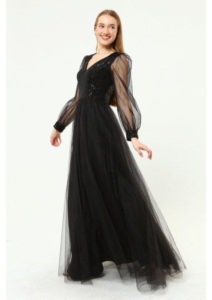 Payet Detaylı V Yaka Tül Abiye Elbise modelleri