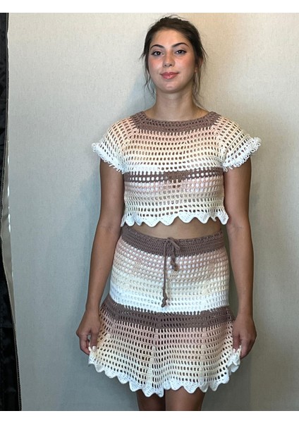 El Örgüsü Özel Tasarım Triko Etek Crop Takım Kadın Giyim Trend modelleri