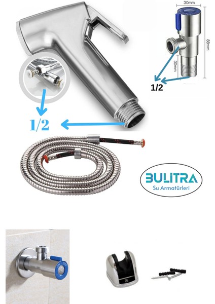 Su Armatürleri Taharet Musluk Seti Krom Tuvalet Tabancası Taharet Başlığı + Örgülü Duş Hortumu + Mafsal + Ara Musluk