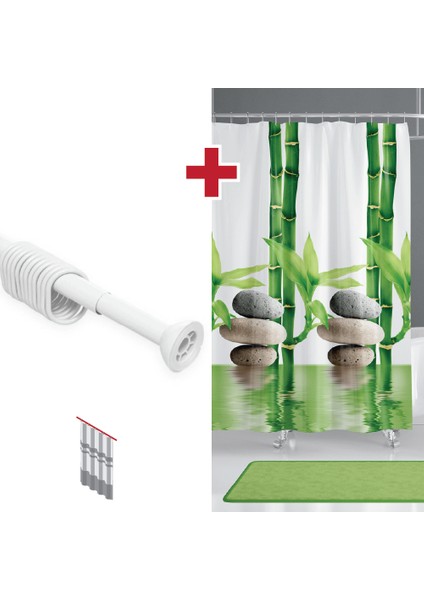 Bamboo Banyo Perdesi Askı Hediyeli 180X200CM Tek Kanat Duş Perdesi, Yeşil Banyo Duş Perdesi