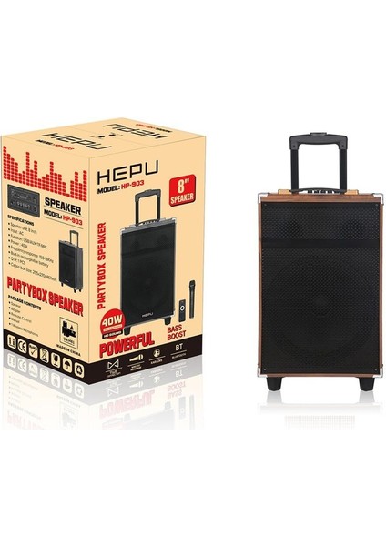 HEPU-903 Mikrofonlu Profesyonel Bluetooth Parti Hoparlörü Kablosuz 8 Inc Woofer Ultra Bass