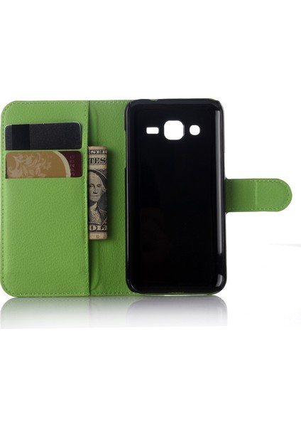 Samsung Galaxy J3/j3 (2016) Için Litchi Skin Deri Cüzdan Kılıf Kapağı Katlanabilir Stand Tasarım - Yeşil (Yurt Dışından)