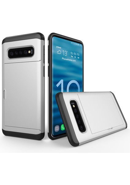 Samsung Galaxy S10 Slayt Kart Tutucu Hibrid Pc+Tpu Telefon Kılıfı - Gümüş (Yurt Dışından)