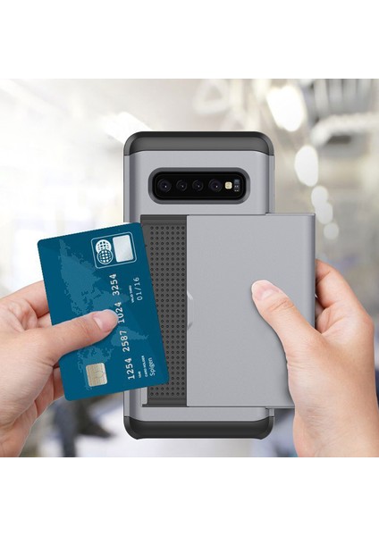 Samsung Galaxy S10 Slayt Kart Tutucu Hibrid Pc+Tpu Telefon Kılıfı - Gümüş (Yurt Dışından) fiyatları