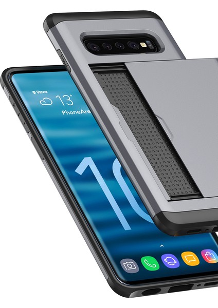 Samsung Galaxy S10 Slayt Kart Tutucu Hibrid Pc+Tpu Telefon Kılıfı - Gümüş (Yurt Dışından) modelleri