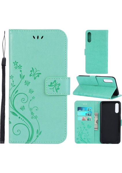Samsung Galaxy A50/A50S/A30'LAR Için Kelebek Çiçek Deri Cüzdan Kılıfı - Yeşil (Yurt Dışından)