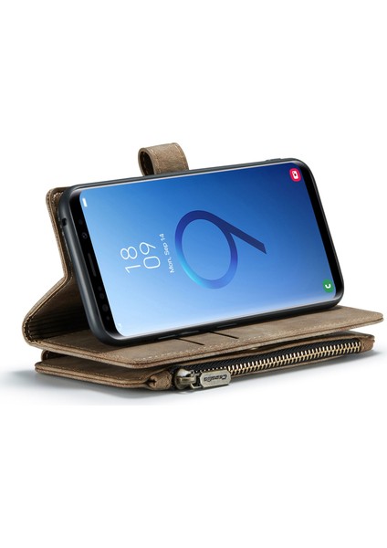 Samsung Galaxy S9 Destekleme Standı Tasarım Pu Deri Telefon Kılıfı Şok Geçirmez Fermuar Cep Cüzdanı Telefon Kapağı - Kahverengi (Yurt Dışından)