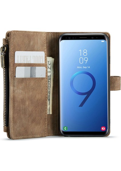 Samsung Galaxy S9 Destekleme Standı Tasarım Pu Deri Telefon Kılıfı Şok Geçirmez Fermuar Cep Cüzdanı Telefon Kapağı - Kahverengi (Yurt Dışından)