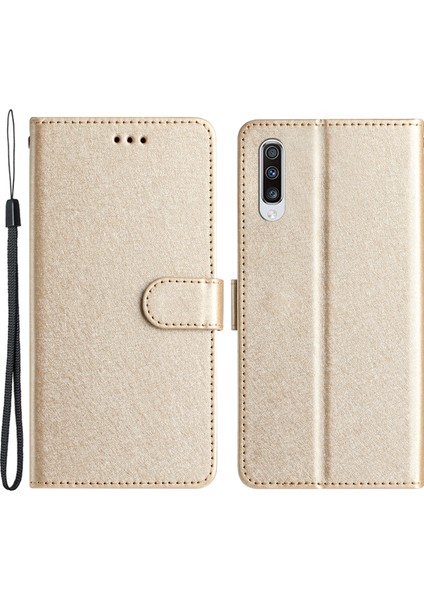 Samsung Galaxy A70/A70'LER Için Ipek Doku Pu Deri Deri Deri Stand Cep Telefonu El Straps ile Flip Kılıf - Altın (Yurt Dışından)