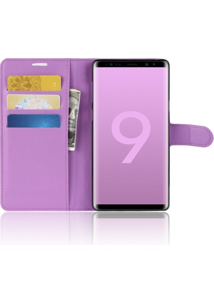 Litchi Doku Cüzdan Stand Samsung Galaxy Note 9 - Mor Için Deri Cep Telefonu Kapağı (Yurt Dışından)