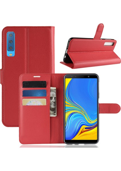 Samsung Galaxy A7 Için Litchi Skin Pu Deri Koruma Telefon Kabuğu Cüzdan Stand Tasarımı - Kırmızı (Yurt Dışından)