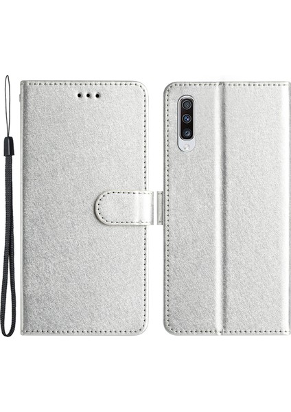 Samsung Galaxy A70/A70S Ipek Doku Pu Deri Deri Cüzdan El Strap ile Cep Telefonu Flip Kılıf - Gümüş (Yurt Dışından)