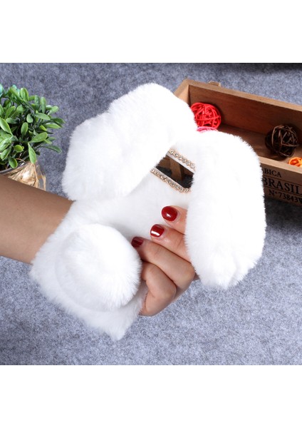Samsung Galaxy S10 - Beyaz Için Tavşan Şekli Kabarık Kürk Kaplamalı Rhinestone Tpu Kılıfı (Yurt Dışından)