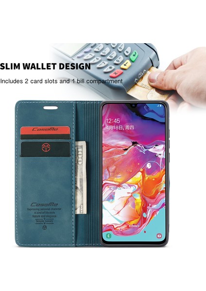 Samsung Galaxy A70 Için Otomatik Emilmiş Deri Cüzdan Stand Kılıfı - Mavi (Yurt Dışından) fırsatları