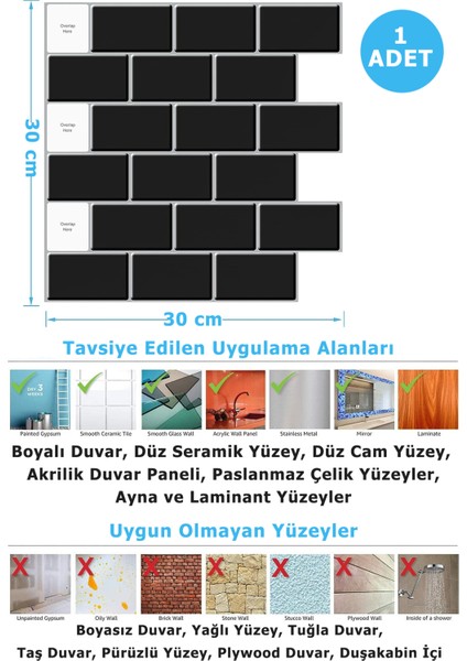 1Adet 3boyutlu Seramik Efekt Kendinden Yapışkanlı Siyah Karo Pvc Mutfak Tezgah Kaplama 30CM×30CM