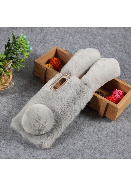 Samsung Galaxy A50/A50S/A30S Tavşan Şekli Kabarık Kürk Kaplı Rhinestone Tpu Mobil Kabuk - Açık Gri (Yurt Dışından)