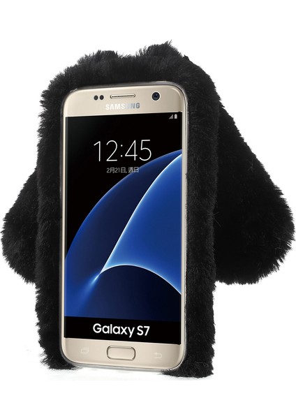 Samsung Galaxy S7 G930 - Moda Tavşan Şeklinde Rhinestone Kürklü Kürk Yumuşak Tpu Kılıfı - Siyah (Yurt Dışından)
