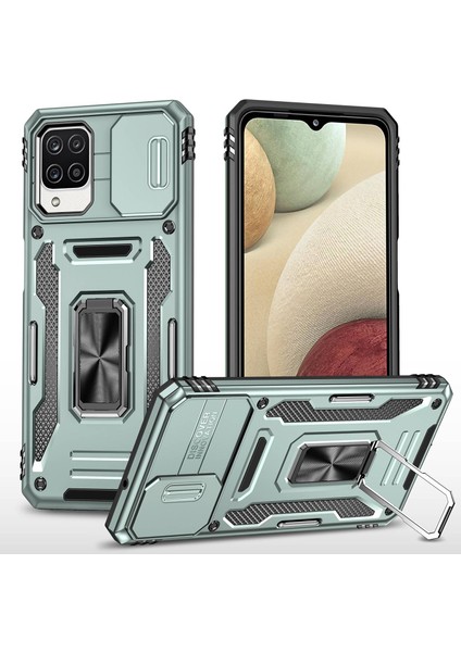 Samsung Galaxy A12/F12/M12 Hybrıd Sork Pc Yumuşak Tpu Şok Geçirmez Kasa Yüzük Araba Montajı Kickstand Arka Kabuk Kamera Kapak-Alpin Yeşili (Yurt Dışından)