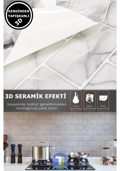 1Adet 3boyut Seramik Efekt Kendinden Yapışkanlı Beyaz Mermer Pvc Mutfak Tezgah Kaplama 30CM×30CM