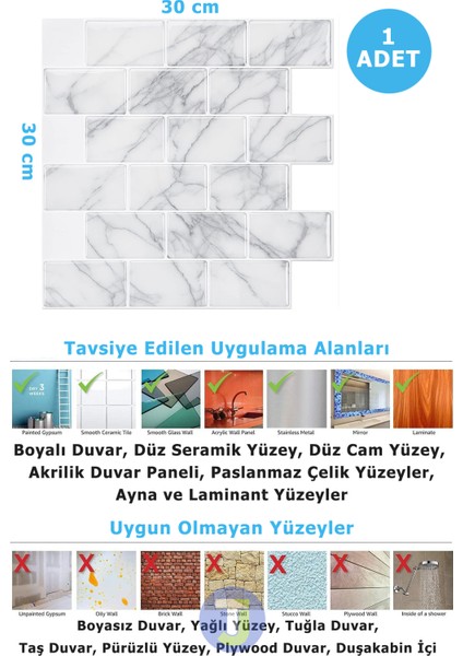 1Adet 3boyut Seramik Efekt Kendinden Yapışkanlı Beyaz Mermer Pvc Mutfak Tezgah Kaplama 30CM×30CM