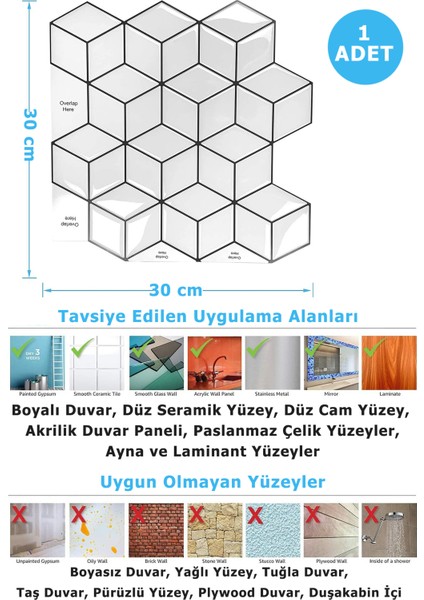 1Adet 3boyutlu Seramik Efekt Kendinden Yapışkanlı Beyaz Karo Pvc Mutfak Tezgah Kaplama 30CM×30CM