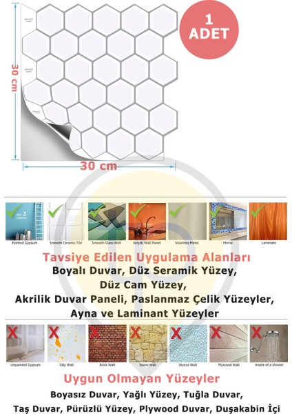 1Adet 3D 30×30CM Mutfak Tezgah Arası Kaplama Kendinden Yapışkanlı Balpeteği Beyaz Görünüm