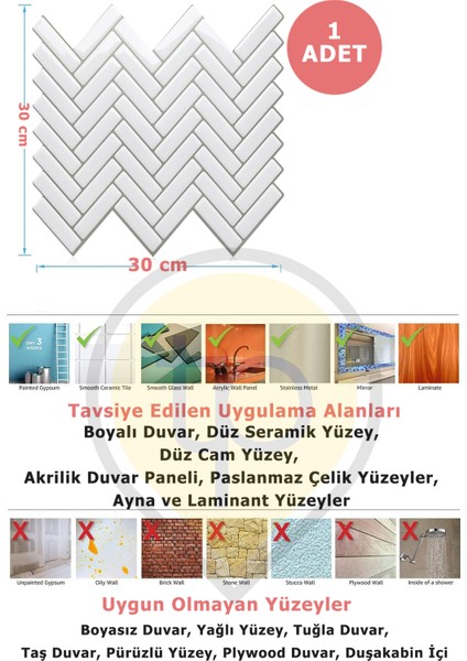 3D 30×30CM Mutfak Tezgah Arası Kaplama Kendinden Yapışkanlı Balıksırtı Beyaz Görünüm