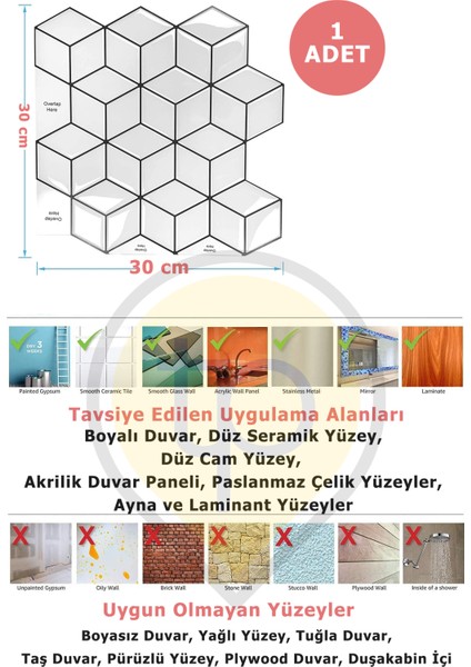 3D 30×30CM Mutfak Tezgah Arası Pvc Kaplama Kendinden Yapışkanlı Prizma Beyaz Görünüm