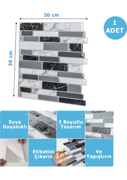 1Adet 3D Kendinden Yapışkanlı 30×30CM Kaplama Mozaik Görünüm Duvar Sticker Mutfak Banyo