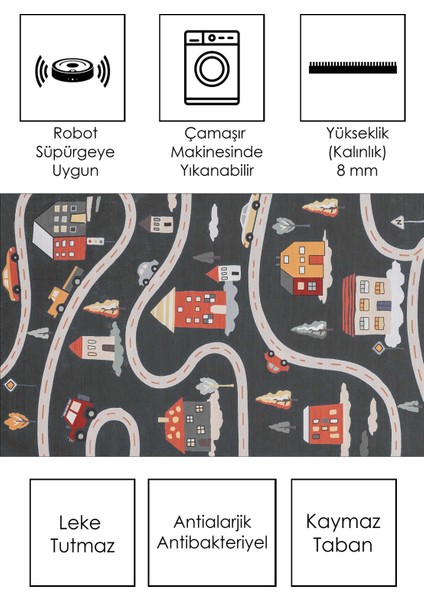 Makinede Yıkanabilir Kaymaz Taban Leke Tutmaz Siyah Yol Desenli Bebek ve Çocuk Odası Halısı Oyun Matı